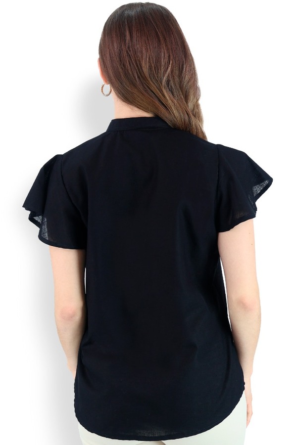 Guayabera Color Negro Cuello Mao Textura Lino Con Alforzas De Mujer